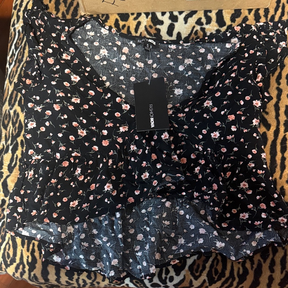 Fashion Nova Black Top with Pink Floral Design
